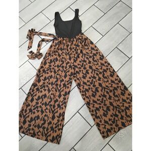 LISHLY‎ Womens Leopard Print Wide Leg Jumpsuit Black Ribbed Scoop Neck Size M 6